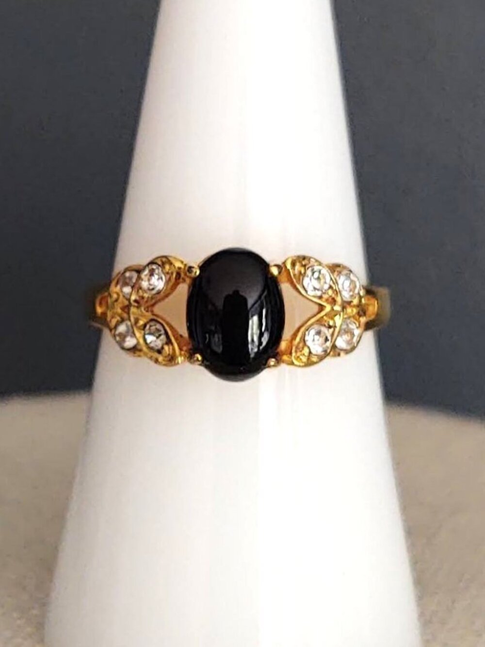 Faux black onyx and faux diamond gold ring